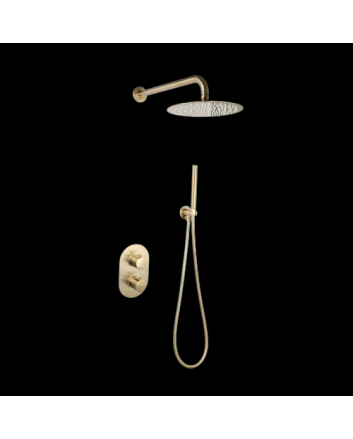 Sani DeLuxe Doucheset inbouw met box thermostaat, muurbevestiging / douchekop 25 cm rond Goud Geborsteld met geribbeld knop