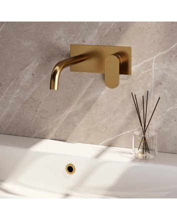 BRAUER Gold Edition inbouw wastafelmengkraan met gebogen uitloop en afdekplaat model C1 goud geborsteld PVD
