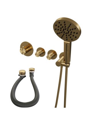 BRAUER Gold Edition thermostatische inbouw badkraan SET 02 met badvulcombinatie en 3-standen handdouche en doucheslang en wandaansluitbocht goud geborsteld PVD