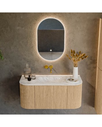 Mondiaz Kurve-Dlux 100cm badmeubel ronding Links + Rechts kleur Oak met 1 lade en 2 deuren. Wastafel Grunne Midden zonder kraangat Glace.