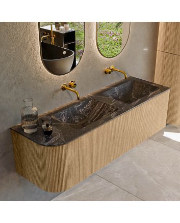 Mondiaz Kurve-Dlux 145cm badmeubel ronding Links kleur Oak met 1 lade en 1 deur. Wastafel Leaf Dubbel / Rechts zonder kraangat Lava.