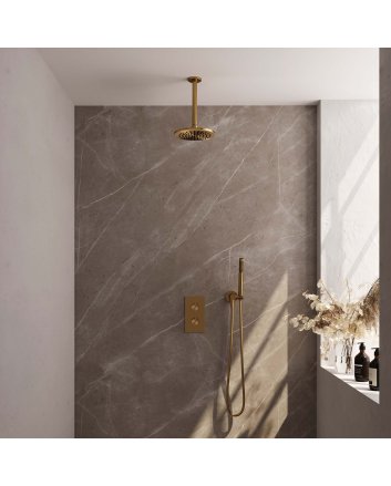 BRAUER Gold Edition thermostatische inbouw regendouche 3-weg omstelling SET 29 met 20 cm douchekop en plafondarm en staaf handdouche en doucheslang en wandaansluitbocht goud geborsteld PVD