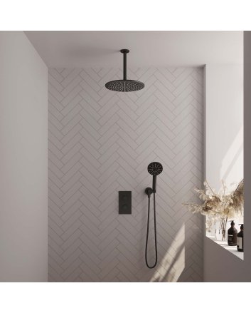 BRAUER Black Carving thermostatische inbouw regendouche 3-weg omstelling SET 36 met 30 cm douchekop en plafondarm en 3-standen handdouche en doucheslang en wandaansluitbocht mat zwart