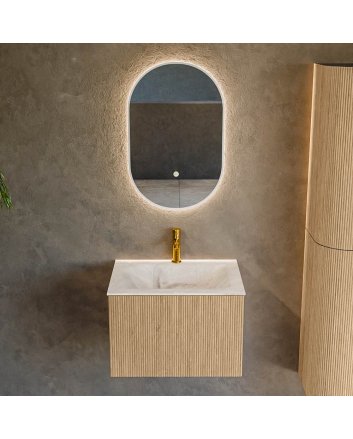 Mondiaz Kurve-Dlux 60cm badmeubel kleur Oak met 1 lade en 0 deuren. Wastafel Cloud Midden 1 kraangat Frappe.