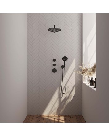 BRAUER Black Edition thermostatische inbouw regendouche SET 08 met 30 cm douchekop en rechte muurarm en 3-standen handdouche en doucheslang en wandaansluitbocht mat zwart