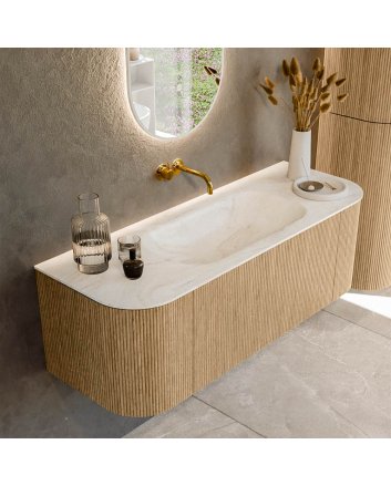 Mondiaz Kurve-Dlux 130cm badmeubel ronding Links + Rechts kleur Oak met 1 lade en 2 deuren. Wastafel Big small Midden zonder kraangat Ostra.