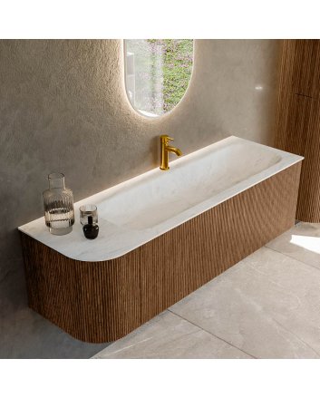 Mondiaz Kurve-Dlux 145cm badmeubel ronding Links kleur Walnut met 1 lade en 1 deur. Wastafel Big large Rechts 1 kraangat Opalo.
