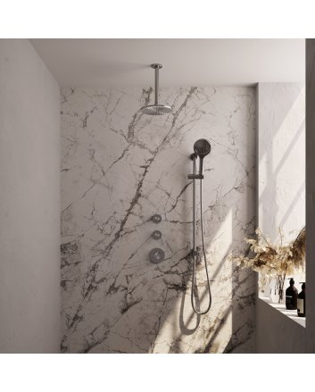 BRAUER Brushed Carving thermostatische inbouw regendouche SET 23 met 20 cm douchekop en plafondarm en 3-standen handdouche en doucheslang en geïntegreerde glijstang RVS geborsteld PVD