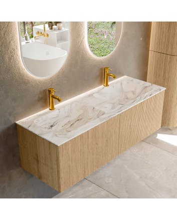 Mondiaz Kurve-Dlux 130cm badmeubel kleur Oak met 2 lades en 0 deuren. Wastafel Leaf Dubbel 2 kraangaten Glace.