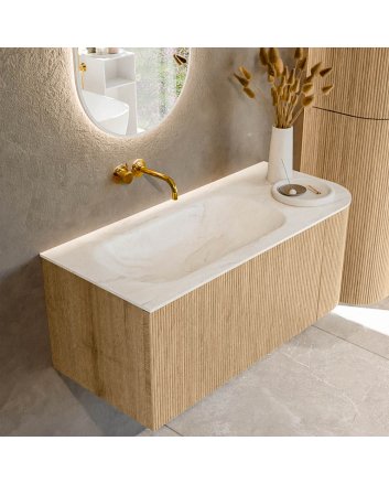 Mondiaz Kurve-Dlux 105cm badmeubel ronding Rechts kleur Oak met 1 lade en 1 deur. Wastafel Big small Links zonder kraangat Ostra.
