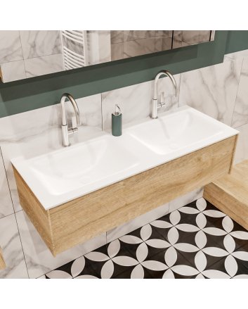 Mondiaz Lush 120 badmeubel washed oak 1 lade wastafel dubbel 2 kraangaten