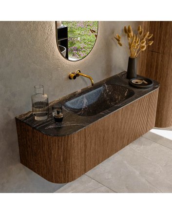 Mondiaz Kurve-Dlux 130cm badmeubel ronding Links + Rechts kleur Walnut met 1 lade en 2 deuren. Wastafel Big small Midden zonder kraangat Lava.