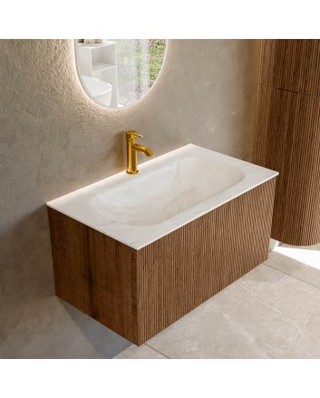 Mondiaz Kurve-Dlux 80cm badmeubel kleur Walnut met 1 lade en 0 deuren. Wastafel Big small Midden 1 kraangat Ostra.