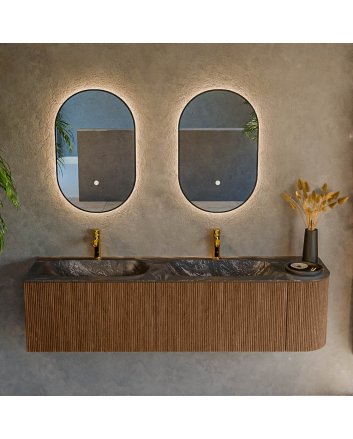 Mondiaz Kurve-Dlux 165cm badmeubel ronding Rechts kleur Walnut met 2 lades en 1 deur. Wastafel Stor small Dubbel / Links 2 kraangaten Lava.