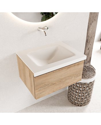 Mondiaz Bukla 60cm badmeubel modulair kleur Washed Oak met 1 lade. Wastafel Cloud midden 0 kraangaten kleur Talc.