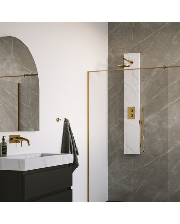 BRAUER Gold Edition thermostatisch douchepaneel 2-weg omstelling calacatta gold SET 01 met 20 cm douchekop en gebogen muurarm en staaf handdouche en wandaansluitbocht en doucheslang goud geborsteld PVD