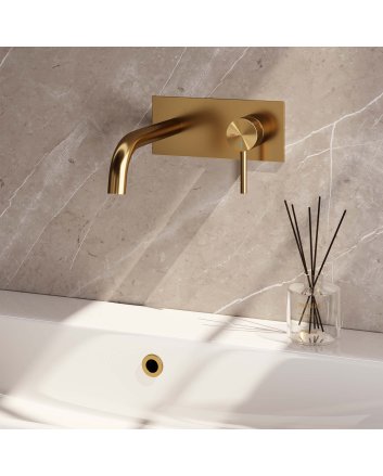 BRAUER Gold Carving inbouw wastafelmengkraan met gebogen uitloop en afdekplaat model A1 goud geborsteld PVD