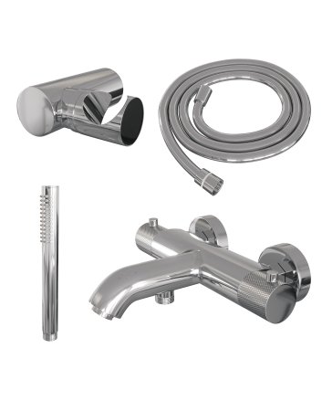 BRAUER Chrome Carving opbouw baddouche thermostaatkraan SET 03 met wandhouder en staaf handdouche en doucheslang chroom
