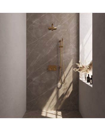 BRAUER Gold Carving thermostatische inbouw regendouche met drukknoppen SET 61 met 20 cm douchekop en rechte muurarm en staaf handdouche en doucheslang en geïntegreerde glijstang goud geborsteld PVD