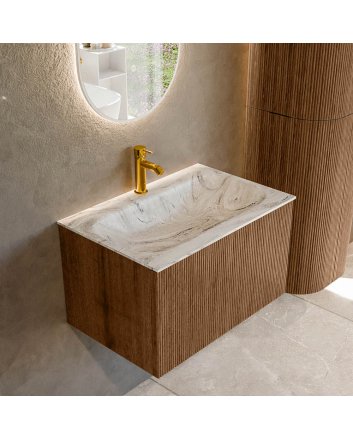 Mondiaz Kurve-Dlux 70cm badmeubel kleur Walnut met 1 lade en 0 deuren. Wastafel Big small Midden 1 kraangat Glace.