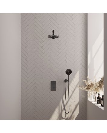 BRAUER Gunmetal Edition thermostatische inbouw regendouche 3-weg omstelling SET 31 met 20 cm douchekop en rechte muurarm en 3-standen handdouche en doucheslang en wandaansluitbocht gunmetal geborsteld PVD