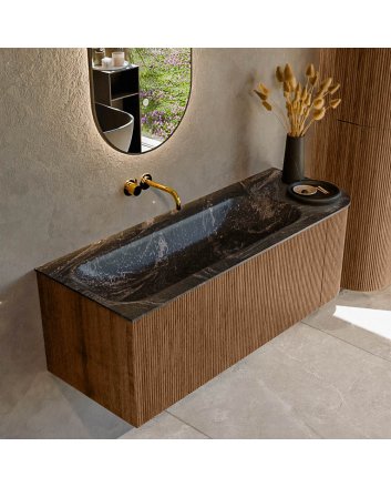 Mondiaz Kurve-Dlux 125cm badmeubel ronding Rechts kleur Walnut met 1 lade en 1 deur. Wastafel Big medium Links zonder kraangat Lava.