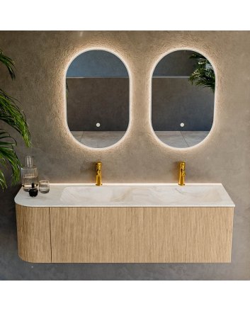 Mondiaz Kurve-Dlux 145cm badmeubel ronding Links kleur Oak met 1 lade en 1 deur. Wastafel Leaf Dubbel / Rechts 2 kraangaten Ostra.