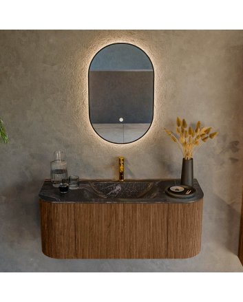 Mondiaz Kurve-Dlux 110cm badmeubel ronding Links + Rechts kleur Walnut met 1 lade en 2 deuren. Wastafel Cloud Midden 1 kraangat Lava.