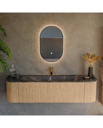 Mondiaz Kurve-Dlux 170cm badmeubel ronding Links + Rechts kleur Oak met 1 lade en 2 deuren. Wastafel Big large Midden 1 kraangat Lava.