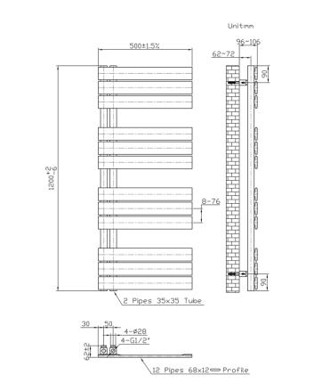 120x50 cm - 600 Watt - Ecorad Slide - Mat Zwart- Handdoekradiator | Designradiator