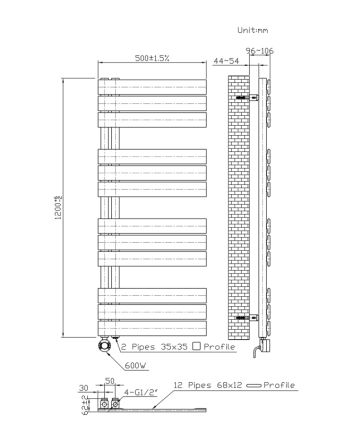120x50 cm - 590W - Ecorad E-Slide - Programeerbaar Thermostaat - Elektrisch Designradiator - Wit