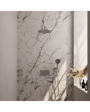 BRAUER Chrome Edition thermostatische inbouw regendouche met drukknoppen SET 56 met 30 cm douchekop en rechte muurarm en 3-standen handdouche en doucheslang en wandaansluitbocht chroom