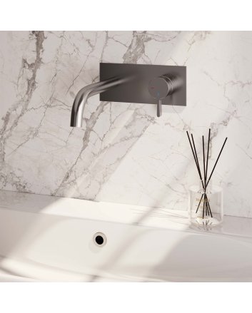 BRAUER Brushed Edition inbouw wastafelmengkraan met gebogen uitloop en afdekplaat model E1 RVS geborsteld PVD
