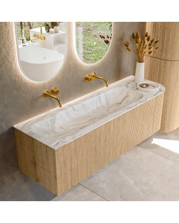 Mondiaz Kurve-Dlux 145cm badmeubel ronding Rechts kleur Oak met 1 lade en 1 deur. Wastafel Big large Links zonder kraangat Glace.