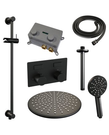 BRAUER Black Carving thermostatische inbouw regendouche met drukknoppen SET 72 met 30 cm douchekop en plafondarm en 3-standen handdouche en doucheslang en geïntegreerde glijstang mat zwart