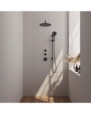 BRAUER Black Edition thermostatische inbouw regendouche SET 22 met 30 cm douchekop en gebogen muurarm en 3-standen handdouche en doucheslang en geïntegreerde glijstang mat zwart