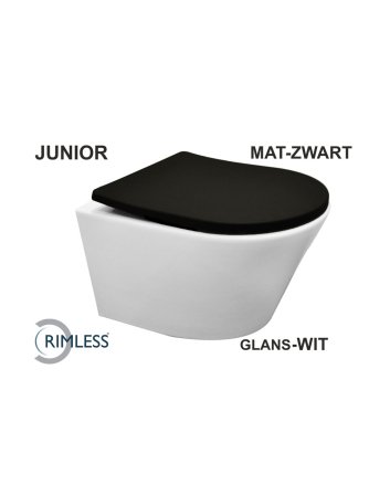 Vesta junior wandcloset rimless verkort glans wit Shade slim toiletzitting softclose en quick release mat zwart