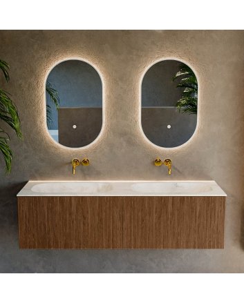 Mondiaz Kurve-Dlux 150cm badmeubel kleur Walnut met 2 lades en 0 deuren. Wastafel Stor small Dubbel zonder kraangat Ostra.