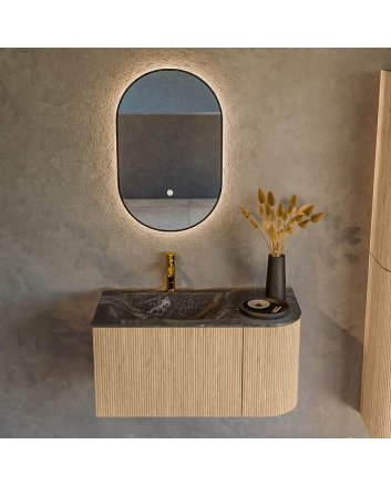 Mondiaz Kurve-Dlux 85cm badmeubel ronding Rechts kleur Oak met 1 lade en 1 deur. Wastafel Cloud Links 1 kraangat Lava.