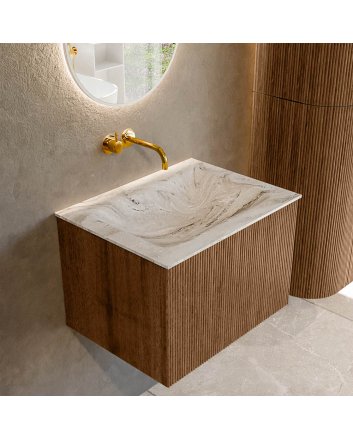 Mondiaz Kurve-Dlux 60cm badmeubel kleur Walnut met 1 lade en 0 deuren. Wastafel Cloud Midden zonder kraangat Glace.