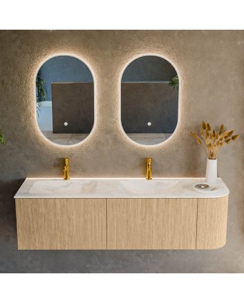 Mondiaz Kurve-Dlux 155cm badmeubel ronding Rechts kleur Oak met 2 lades en 1 deur. Wastafel Leaf Dubbel / Links 2 kraangaten Ostra.