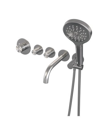BRAUER Brushed Carving thermostatische inbouw badkraan SET 02 met uitloop en 3-standen handdouche en doucheslang en wandaansluitbocht RVS geborsteld PVD