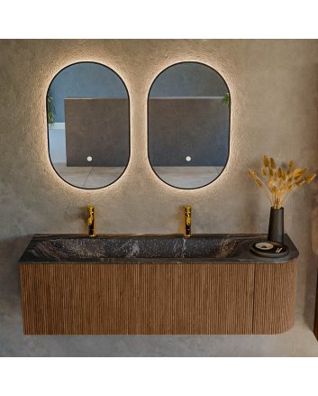 Mondiaz Kurve-Dlux 145cm badmeubel ronding Rechts kleur Walnut met 1 lade en 1 deur. Wastafel Big large Links 2 kraangaten Lava.