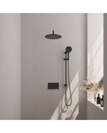 BRAUER Black Edition thermostatische inbouw regendouche met drukknoppen SET 70 met 30 cm douchekop en gebogen muurarm en 3-standen handdouche en doucheslang en geïntegreerde glijstang mat zwart