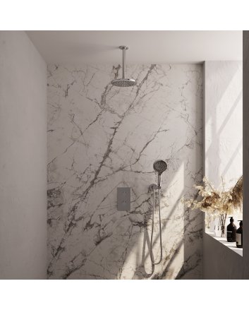 BRAUER Chrome Carving thermostatische inbouw regendouche 3-weg omstelling SET 35 met 20 cm douchekop en plafondarm en 3-standen handdouche en doucheslang en wandaansluitbocht chroom