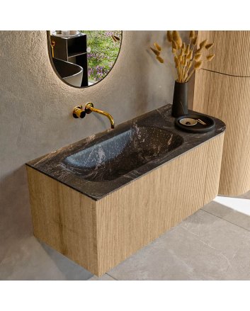 Mondiaz Kurve-Dlux 105cm badmeubel ronding Rechts kleur Oak met 1 lade en 1 deur. Wastafel Big small Links zonder kraangat Lava.