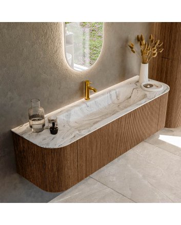Mondiaz Kurve-Dlux 160cm badmeubel ronding Links + Rechts kleur Walnut met 1 lade en 2 deuren. Wastafel Big medium Midden 1 kraangat Glace.