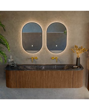 Mondiaz Kurve-Dlux 170cm badmeubel ronding Links + Rechts kleur Walnut met 1 lade en 2 deuren. Wastafel Big large Midden zonder kraangat Lava.
