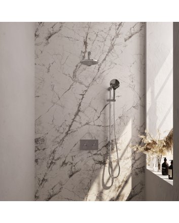 BRAUER Chrome Edition thermostatische inbouw regendouche met drukknoppen SET 67 met 20 cm douchekop en rechte muurarm en 3-standen handdouche en doucheslang en geïntegreerde glijstang chroom