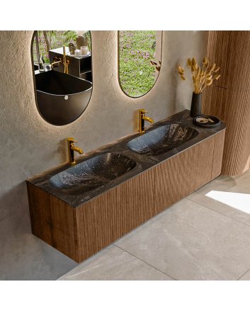 Mondiaz Kurve-Dlux 165cm badmeubel ronding Rechts kleur Walnut met 2 lades en 1 deur. Wastafel Stor small Dubbel / Links 2 kraangaten Lava.